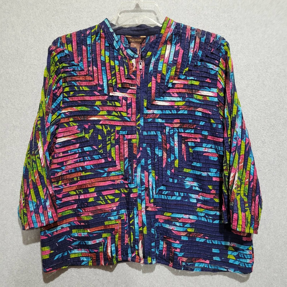 Multiples Jacket Womens XL Full Zip 3/4 Sleeve Mesh Sewn Colorful Ribbon